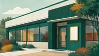 Illustration: ein modernes Geschäftsgebäude mit großer Verglasung, neben dem Eingang ein leerer Aushangrahmen