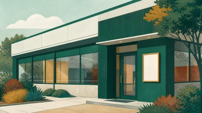 Illustration: ein modernes Geschäftsgebäude mit großer Verglasung, neben dem Eingang ein leerer Aushangrahmen