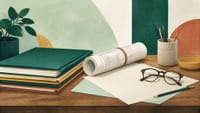 Illustration: gestapelte Bauunterlagen, ein zusammengerollter Bauplan, Brille und Stift auf einem Tisch