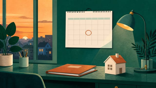 Illustration: ein Schreibtisch im Abendlicht, an der Wand ein Kalenderblatt mit einem rot umringten Tag, daneben eine geschlossene Mappe