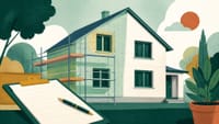 Illustration: ein Wohnhaus, zur Hälfte mit frischen Dämmplatten und Gerüst, zur Hälfte fertig verputzt