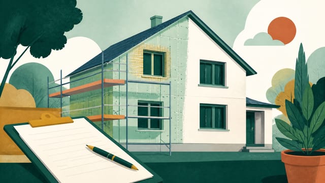 Illustration: ein Wohnhaus, zur Hälfte mit frischen Dämmplatten und Gerüst, zur Hälfte fertig verputzt
