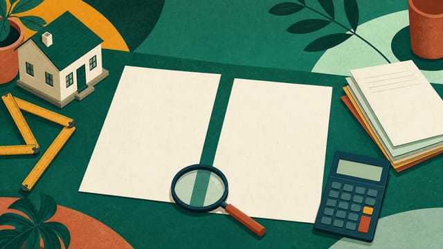 Illustration: zwei Dokumente nebeneinander auf einem Tisch, links Zollstock und Hausmodell, rechts ein Stapel Abrechnungen und ein Taschenrechner, dazwischen eine Lupe