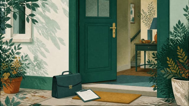 Illustration: eine angelehnte Haustür, davor eine abgestellte Aktentasche mit Klemmbrett, im Flur ein abgenommener Telefonhörer