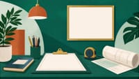 Illustration: ein Arbeitsplatz mit Klemmbrett, Messgerät und aufgerolltem Hausplan, an der Wand ein leerer Urkundenrahmen