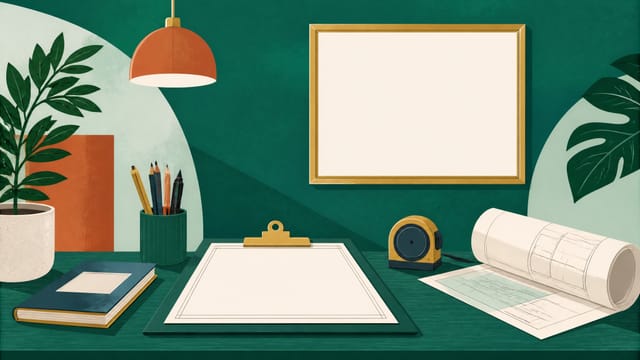 Illustration: ein Arbeitsplatz mit Klemmbrett, Messgerät und aufgerolltem Hausplan, an der Wand ein leerer Urkundenrahmen