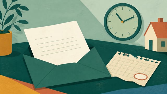 Illustration: ein geöffneter Brief, eine Wanduhr und ein abgerissenes Kalenderblatt neben einem kleinen Hausmodell