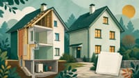 Illustration: dasselbe Haus zweimal nebeneinander — links als technischer Schnitt mit Wandaufbau und Heizkessel, rechts geschlossen mit erleuchteten Fenstern und einem Stapel leerer Abrechnungen davor