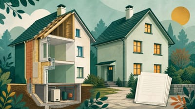 Illustration: dasselbe Haus zweimal nebeneinander — links als technischer Schnitt mit Wandaufbau und Heizkessel, rechts geschlossen mit erleuchteten Fenstern und einem Stapel leerer Abrechnungen davor