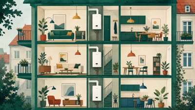 Illustration: Querschnitt durch ein Mehrfamilienhaus, jede Wohnung mit eigener Wandtherme