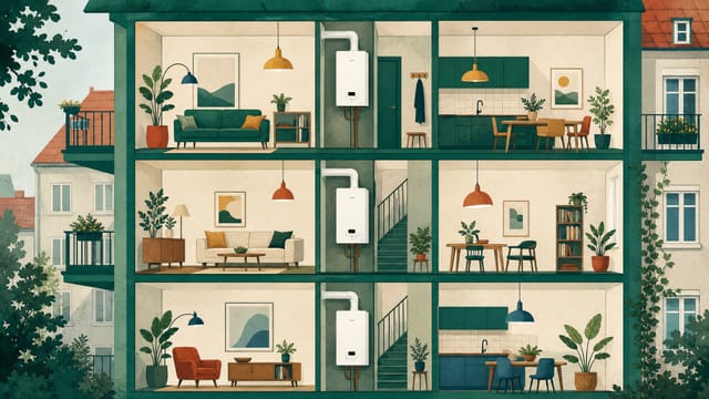 Illustration: Querschnitt durch ein Mehrfamilienhaus, jede Wohnung mit eigener Wandtherme