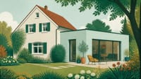 Illustration: ein Einfamilienhaus mit neu angebautem Gebäudeteil, die Naht zwischen Alt und Neu sichtbar