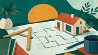 Illustration: ein ausgebreiteter Grundriss auf einem Tisch mit Zollstock und kleinem Hausmodell