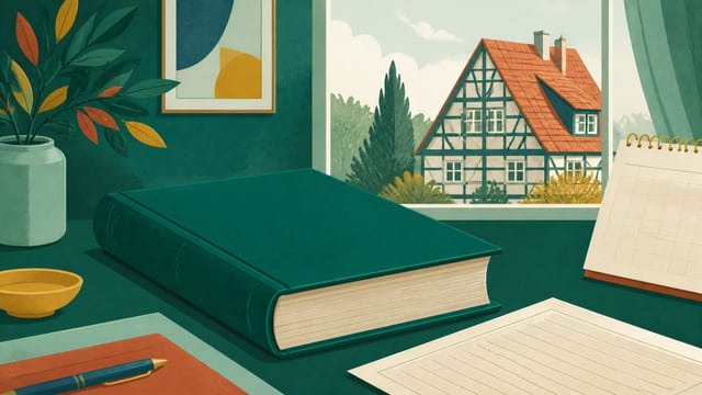 Illustration: ein geschlossenes Gesetzbuch auf einem Tisch neben Dokument und Kalenderblatt