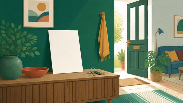 Illustration: ein leeres Dokument steht aufgerichtet auf einem Sideboard, daneben liegt ein Schlüsselbund, im Hintergrund die geöffnete Haustür