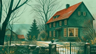 Illustration: ein altes Wohnhaus im winterlichen Garten ohne Rauch am Schornstein, im Fenster ein ungenutzter Ofen