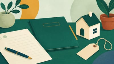 Illustration: ein Schreibtisch mit Dokument, Ordner und kleinem Hausmodell, daneben ein leeres Preisschild