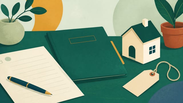 Illustration: ein Schreibtisch mit Dokument, Ordner und kleinem Hausmodell, daneben ein leeres Preisschild