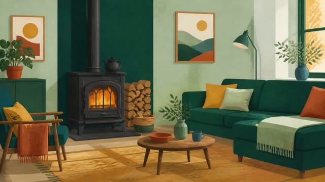 Illustration: ein Wohnzimmer mit brennendem gusseisernem Holzofen und gestapeltem Brennholz