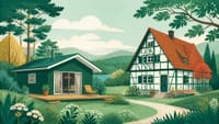 Illustration: eine kleine Ferienhütte und ein denkmalgeschütztes Fachwerkhaus nebeneinander in ruhiger Landschaft