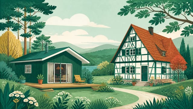 Illustration: eine kleine Ferienhütte und ein denkmalgeschütztes Fachwerkhaus nebeneinander in ruhiger Landschaft
