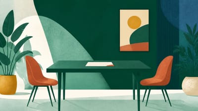 Illustration: ein Tisch mit einem Dokument in der Mitte und je einem leeren Stuhl auf beiden Seiten