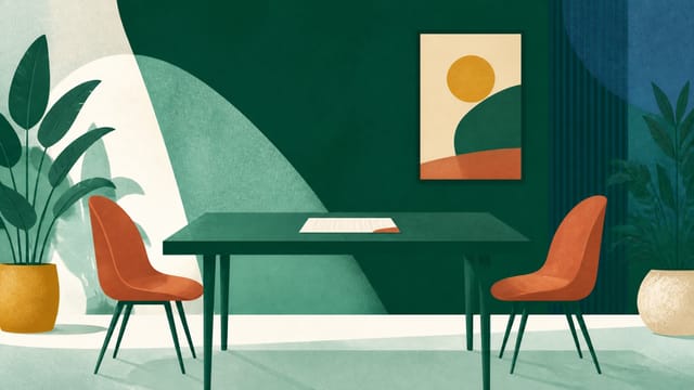 Illustration: ein Tisch mit einem Dokument in der Mitte und je einem leeren Stuhl auf beiden Seiten