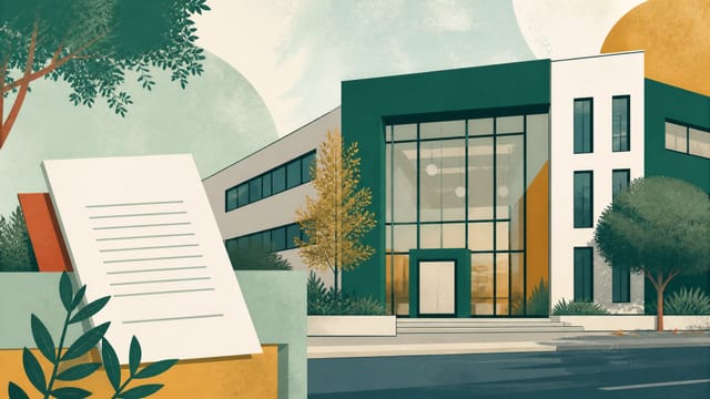 Illustration: ein modernes Geschäftsgebäude mit großem verglastem Eingang, davor ein Dokument