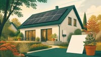 Illustration: ein Einfamilienhaus mit Photovoltaikanlage auf dem Satteldach, davor ein Dokument
