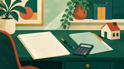 Illustration: ein Schreibtisch mit Dokument, Ordner, Taschenrechner und Füller, am Rand ein kleines Hausmodell