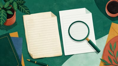 Illustration: zwei gleichartige Dokumente nebeneinander auf einem Tisch, darüber eine Lupe
