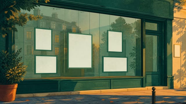 Illustration: das Schaufenster eines Immobilienbüros, dahinter hängen leere Aushangrahmen an dünnen Drähten, in der Scheibe spiegelt sich ein Wohnhaus
