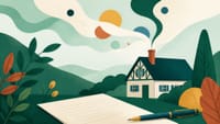 Illustration: ein Wohnhaus, dessen Schornsteinfahne sich nach oben in abstrakte Formen auflöst