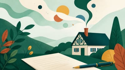 Illustration: ein Wohnhaus, dessen Schornsteinfahne sich nach oben in abstrakte Formen auflöst