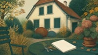 Illustration: ein ruhiges Wohnhaus mit geschlossenen Läden, auf einem Gartentisch ein Schlüsselbund und ein gefaltetes Dokument