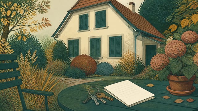 Illustration: ein ruhiges Wohnhaus mit geschlossenen Läden, auf einem Gartentisch ein Schlüsselbund und ein gefaltetes Dokument