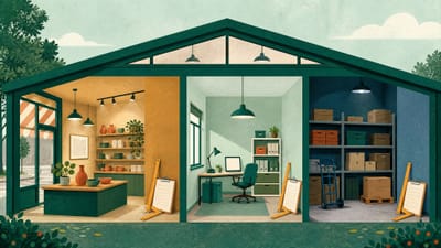 Illustration: ein kleines Gewerbegebäude im Querschnitt mit Ladenfläche, Büro und Lager nebeneinander