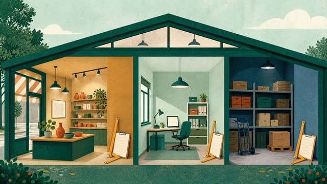 Illustration: ein kleines Gewerbegebäude im Querschnitt mit Ladenfläche, Büro und Lager nebeneinander