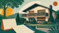 Illustration: ein Einfamilienhaus der 1970er-Jahre mit braunen Rollläden und breitem Balkon, davor Kalenderblatt und Dokument