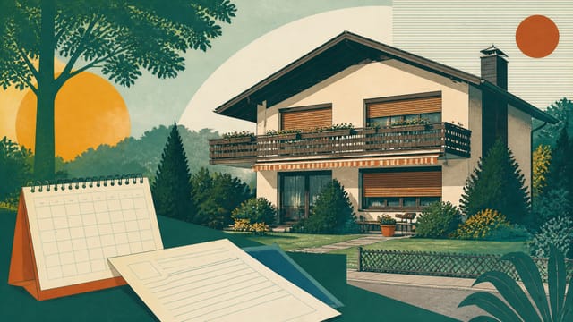 Illustration: ein Einfamilienhaus der 1970er-Jahre mit braunen Rollläden und breitem Balkon, davor Kalenderblatt und Dokument