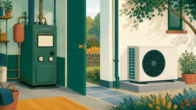 Illustration: ein alter Heizkessel neben der Hauswirtschaftsraumtür, draußen an der Hauswand eine neue Wärmepumpe