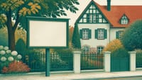 Illustration: ein Wohnhaus hinter einem Gartenzaun, davor eine leere Anschlagtafel auf einem Pfosten