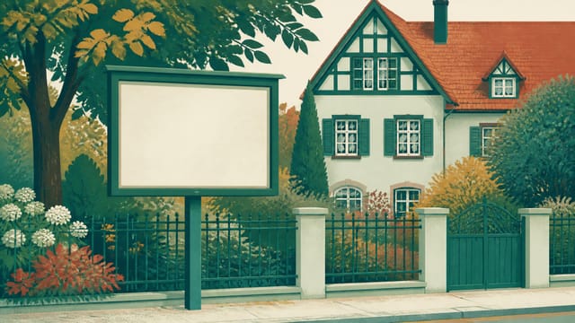 Illustration: ein Wohnhaus hinter einem Gartenzaun, davor eine leere Anschlagtafel auf einem Pfosten