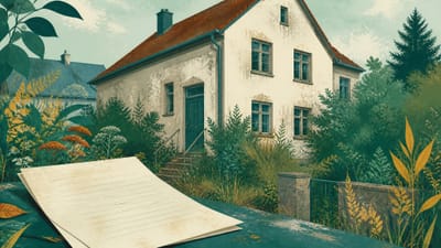Illustration: ein älteres Wohnhaus mit verwittertem Putz und verwildertem Vorgarten, davor ein Dokument