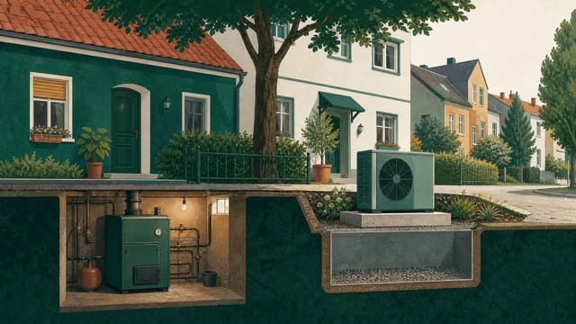 Illustration: ein Straßenzug im Querschnitt — in einem Keller ein alter Heizkessel, neben dem Nachbarhaus eine Wärmepumpe