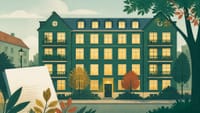 Illustration: ein Mehrfamilienhaus mit gleichmäßig erleuchteten Fenstern, davor ein einzelnes Dokument
