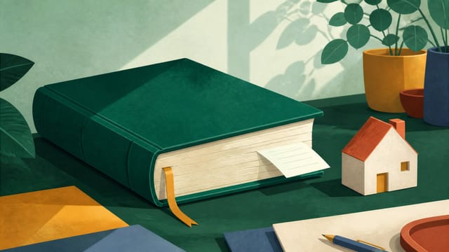 Illustration: ein geschlossenes Gesetzbuch mit Lesezeichen auf einem Tisch, daneben ein kleines Hausmodell