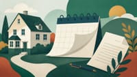 Illustration: ein Wohnhaus neben einem umschlagenden Kalenderblatt und einem Dokument