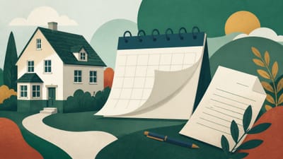 Illustration: ein Wohnhaus neben einem umschlagenden Kalenderblatt und einem Dokument