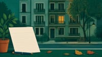 Illustration: ein mehrgeschossiges Wohnhaus mit Balkonen, ein Fenster erleuchtet, davor ein Dokument